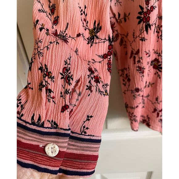 POL Ombre Floral Button Up Blouse Sz M Pink Red Cream Boho Gauze Top Casual - Picture 6 of 11